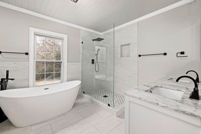 The Sato Bathrooms — full bath series with precision tilework and modern fixtures, Los Gatos CA 2021