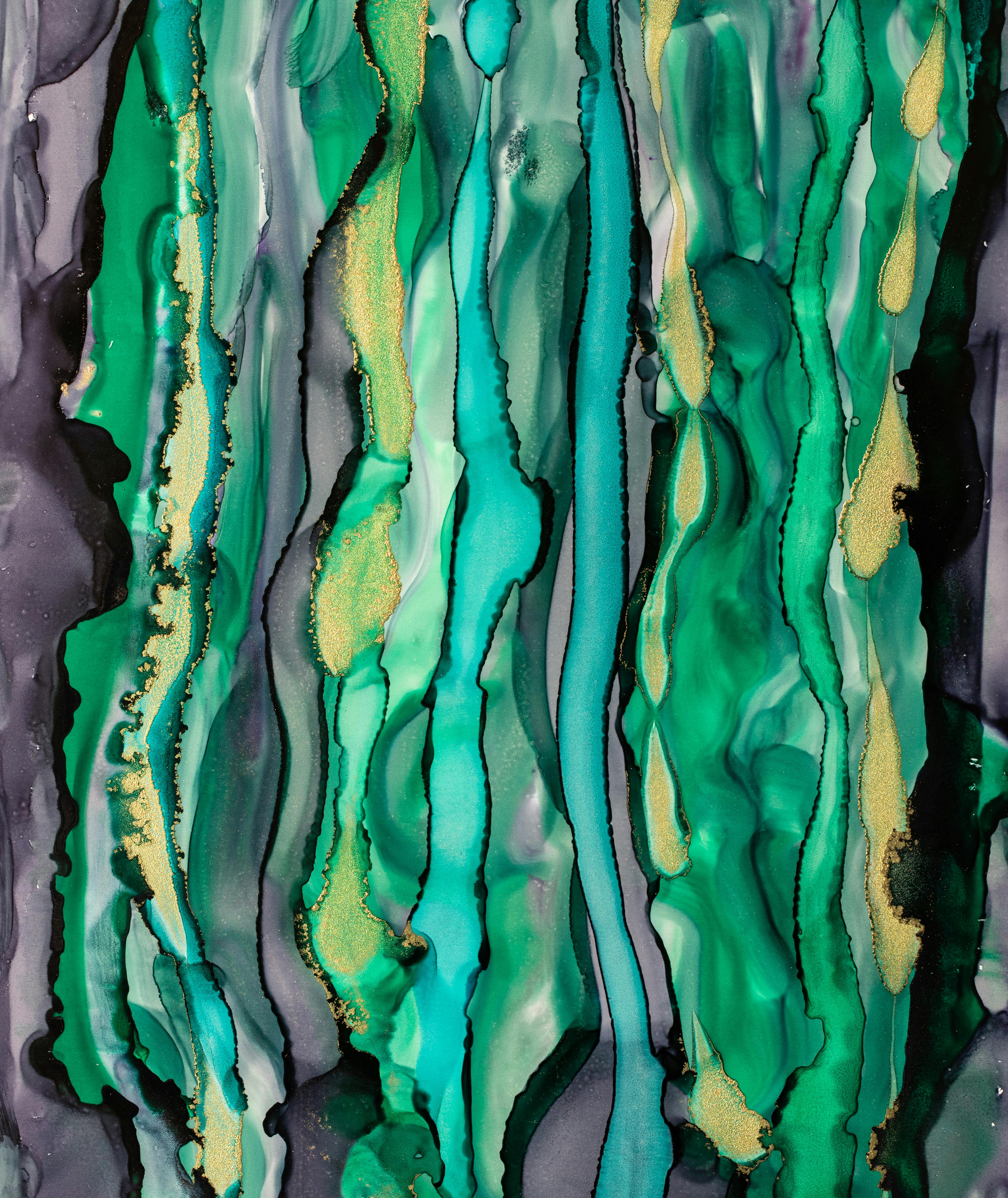 Colorful abstract art featuring flowing green and gold patterns on a vertical canvas.