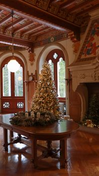 Exquisitely decorated Christmas tree and fireplace in a luxurious, ornate living room.