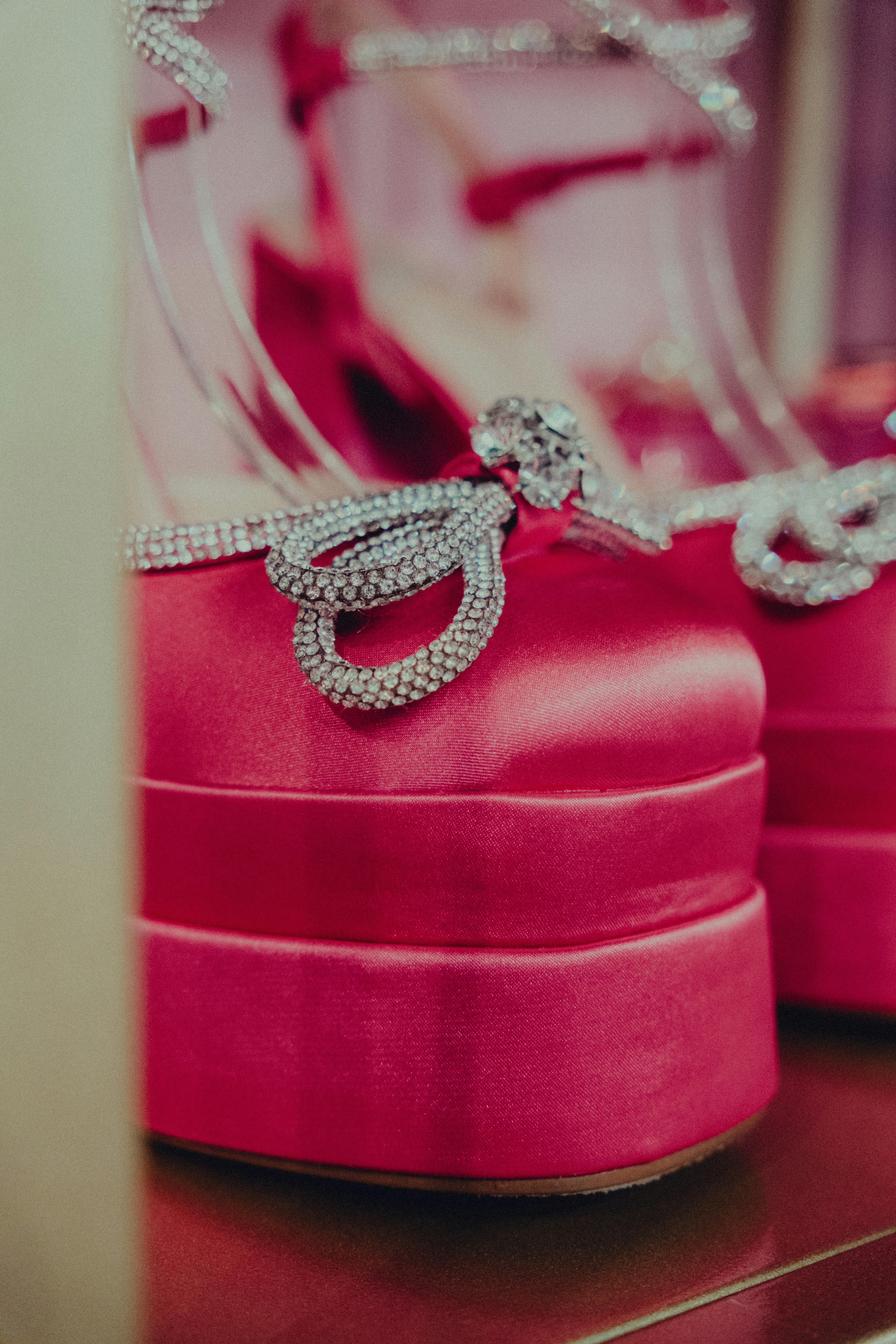 Close-up of ornate rhinestone platform prom heels