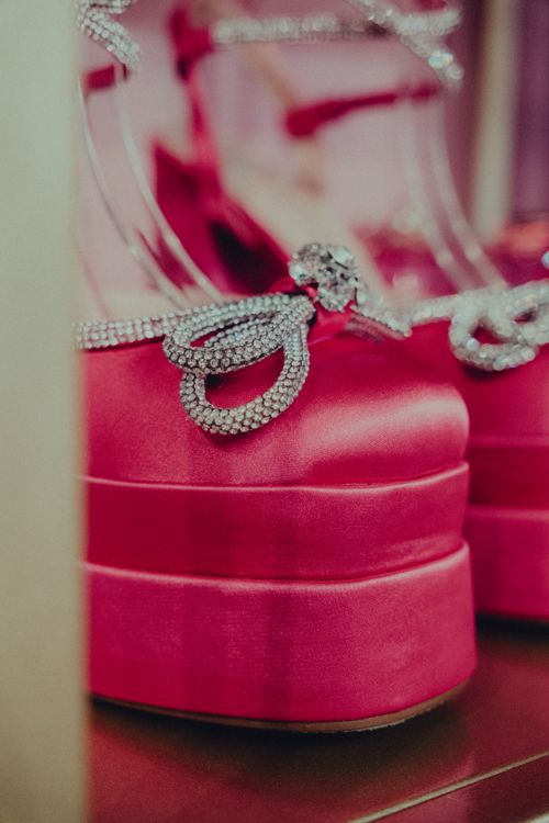 Close-up of ornate rhinestone platform prom heels