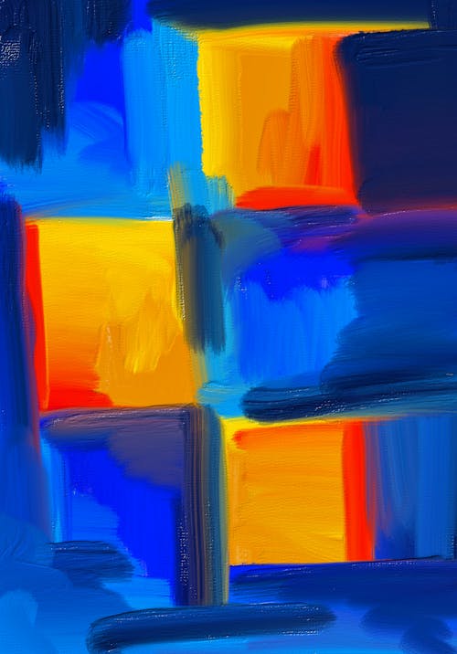 Close-up of an Abstract Painting with Blue and Orange Squares 