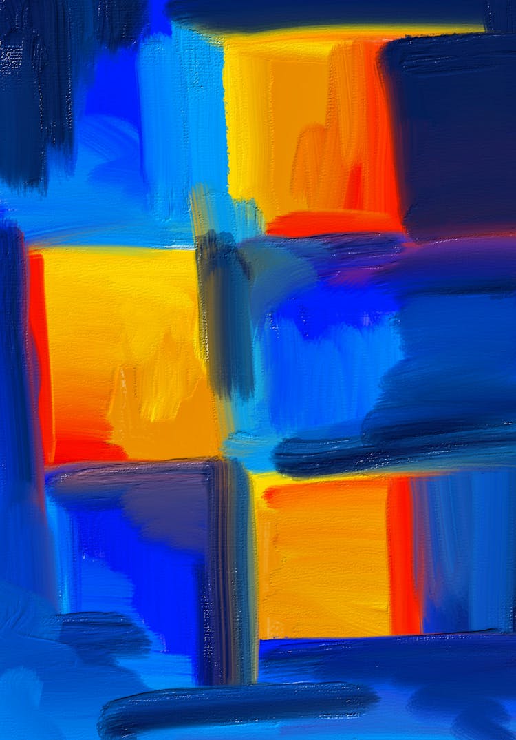 Close-up Of An Abstract Painting With Blue And Orange Squares 