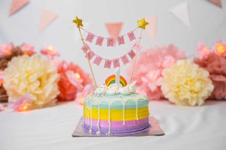 Rainbow Birthday Cake In Close Up View