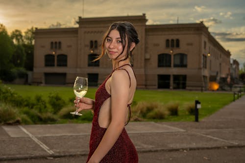 Darmowe zdjęcie z galerii z bez pleców, czerwona sukienka, kieliszek wina