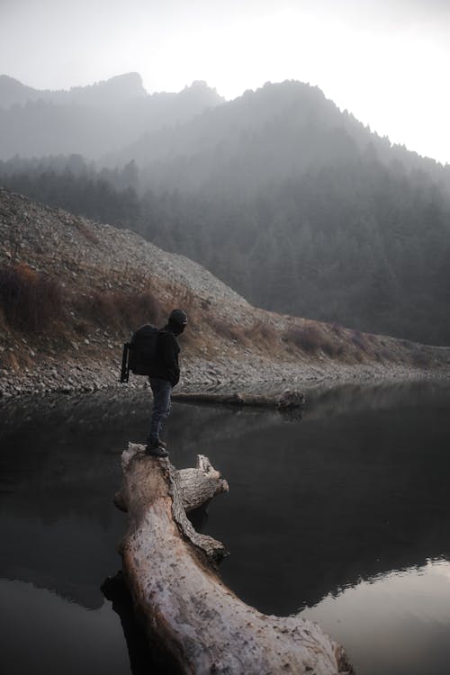 Man Standing on Tree Trunk on Lake