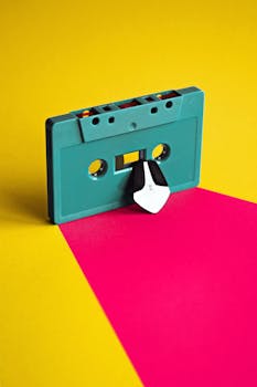 A teal tape cassette with guitar pick on a bright yellow and pink background.