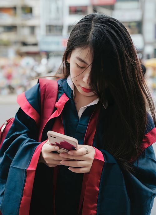 Free Asian woman in graduation attire checking her smartphone on a bustling street in Đà Nẵng, Vietnam. Stock Photo
