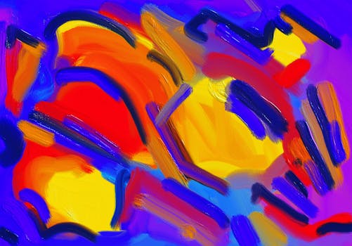 Dynamic abstract painting featuring vivid brushstrokes in red, blue, and yellow.