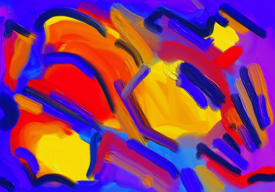 Dynamic abstract painting featuring vivid brushstrokes in red, blue, and yellow.
