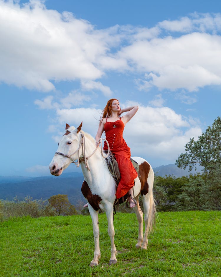 Woman In Dress Riding Horse In Field