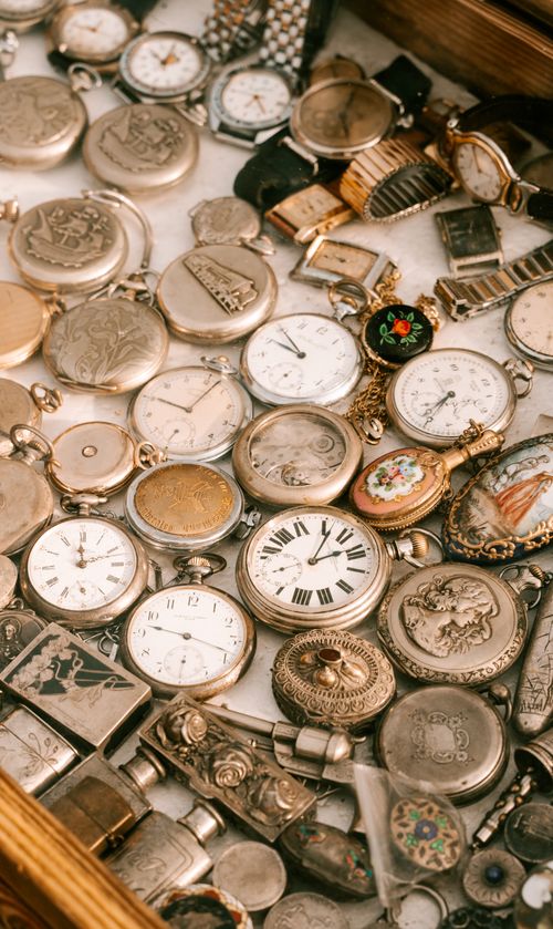 Free Close-up of an antique watch collection displayed at a market in Sofia, Bulgaria. Stock Photo