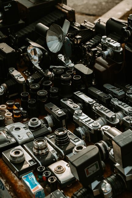A collection of retro cameras on display at a market stall in Sofia, Bulgaria.
