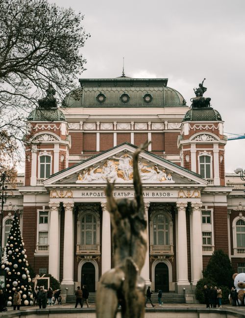Free Stunning facade of Sofia's National Theatre Ivan Vazov, adorned with winter decorations. Stock Photo