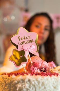 Close-up of a festive birthday cake with a Feliz Cumpleaños topper.