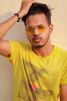 A fashionable young man in yellow sunglasses posing confidently outdoors.