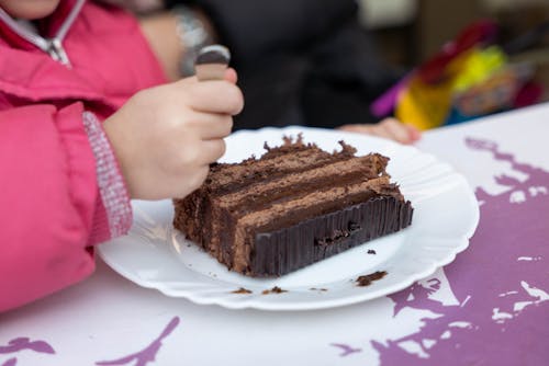 Child Eating Chocolate Cake on Ceramic Plate