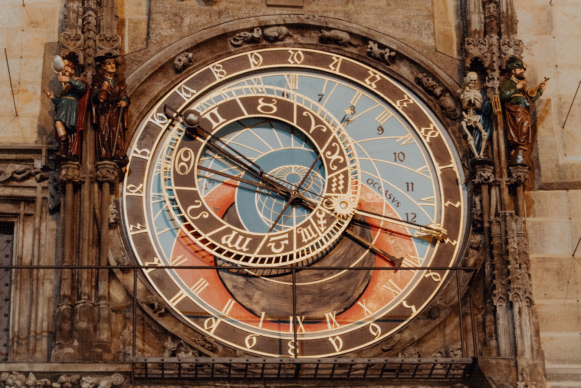 Close view of the intricate Prague Astronomical Clock showcasing medieval artistry.