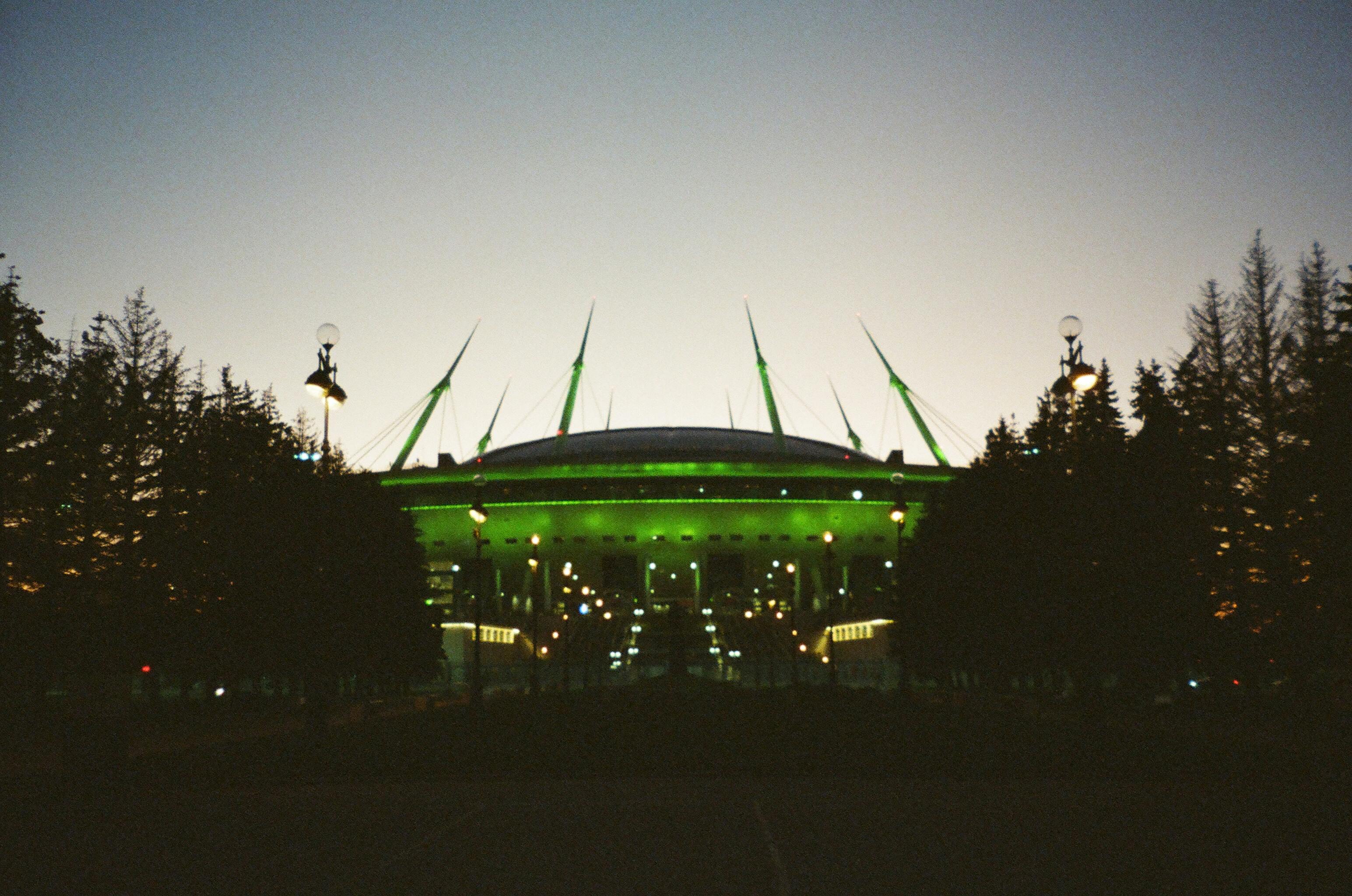 green stadium in between trees