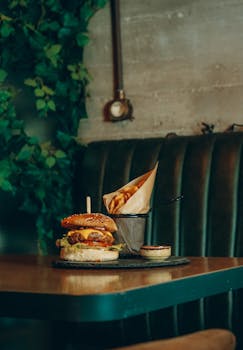 Delicious gourmet cheeseburger with side of fries served at a cozy restaurant table.