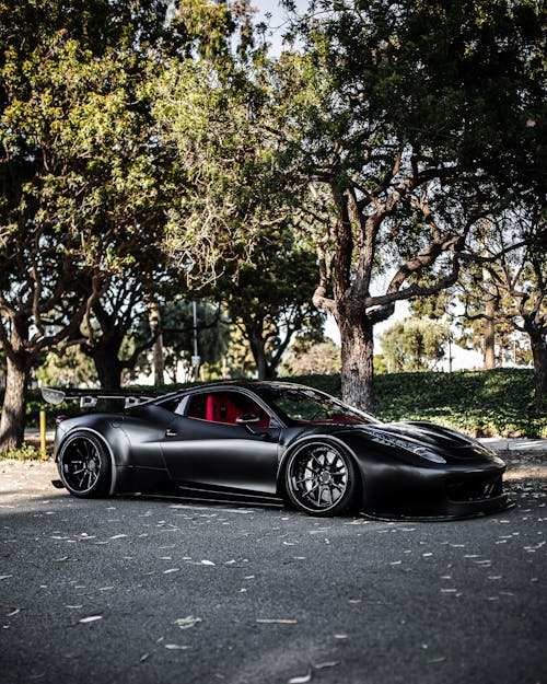 Black Sportscar Parked Beside Green Trees