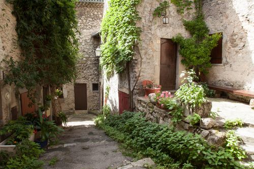 Free Quaint stone alleyway in Die, France, adorned with lush greenery and historic architecture. Stock Photo