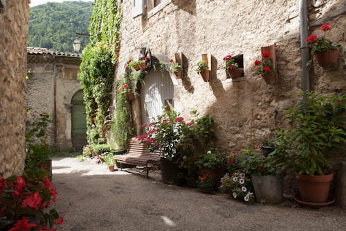 Picturesque alley in Die, France, adorned with vibrant flowers and rustic stone walls.