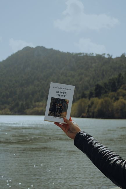 A person holding 'Oliver Twist' book with scenic lake and hill in the background.