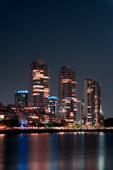 Stunning nighttime cityscape with skyscrapers reflecting on a calm river, showcasing urban beauty.