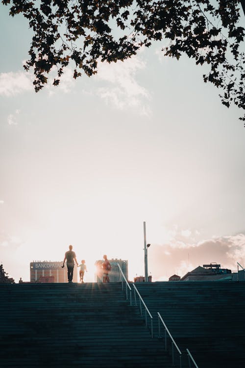 Silhouettes of People Walking on Stairs on Sunset