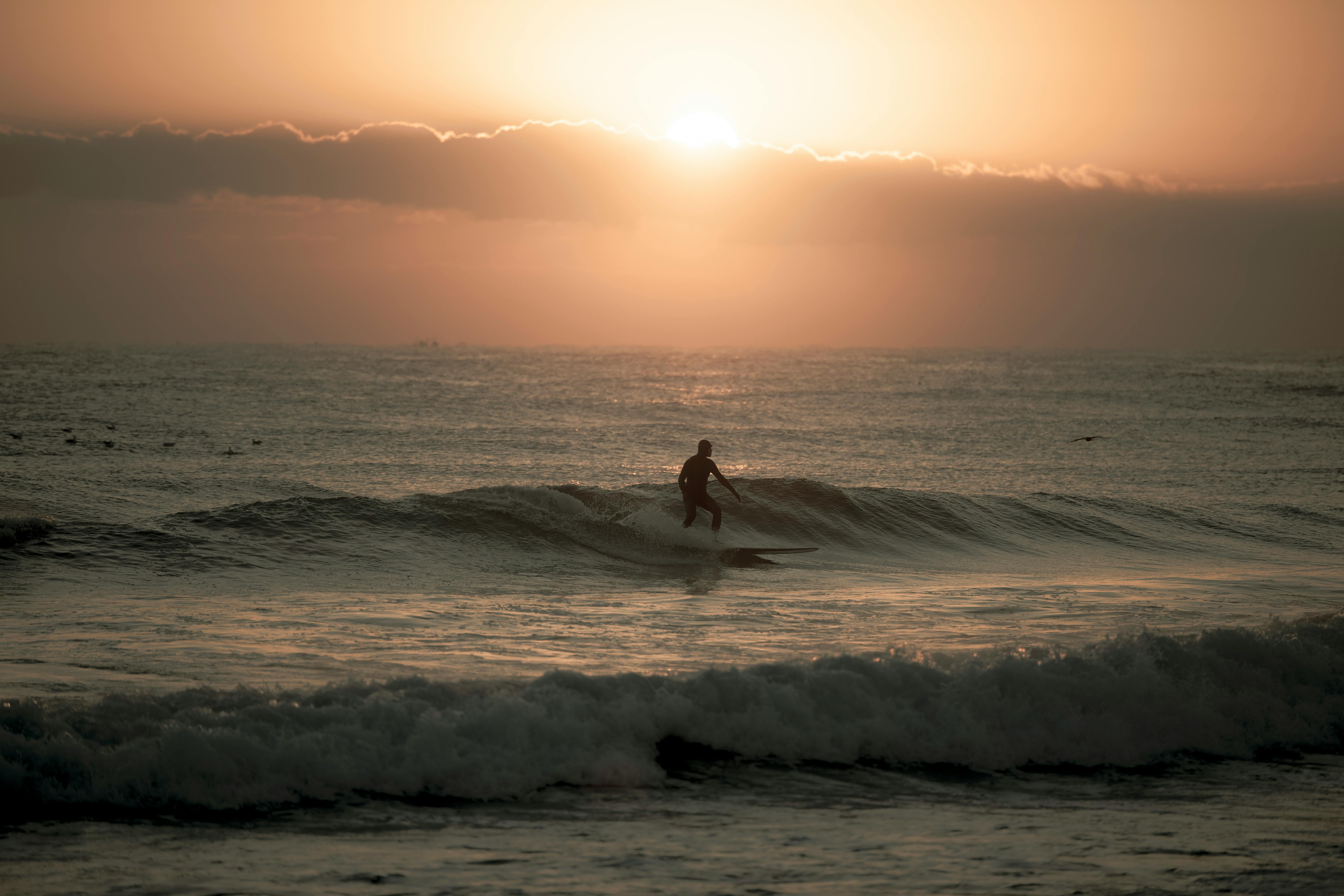 A surfer catches waves against a stunning sunset in Yangyang, South Korea, showcasing vibrant ocean life.