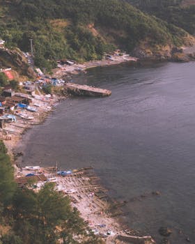 A picturesque aerial view of a coastal town with a jetty extending into calm waters.