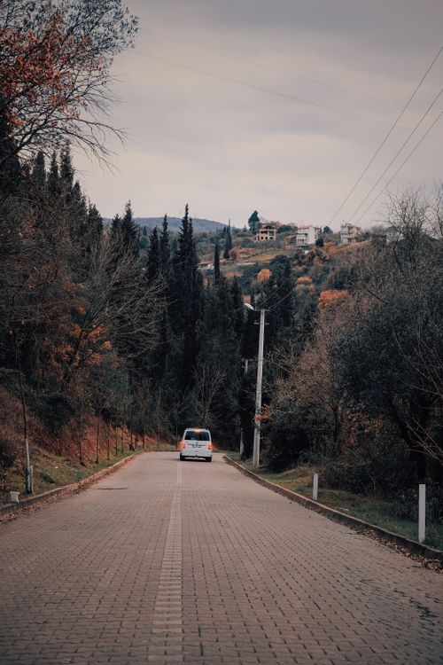 Free Car driving on paved road through a scenic autumn forest in İzmit, Turkey. Stock Photo
