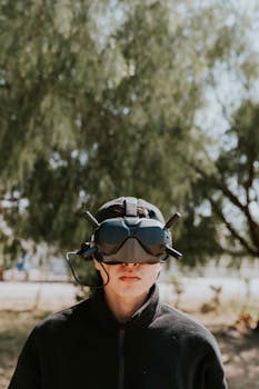 Man with VR goggles outdoors, exploring virtual worlds in nature.