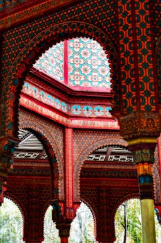 Ornate arches and geometric patterns of the Kiosco Morisco in Mexico City.