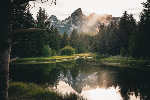 Free stock photo of mirror lake, snow mountain