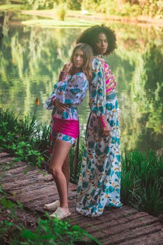 Stylish models in vibrant dresses pose elegantly by a peaceful pond.
