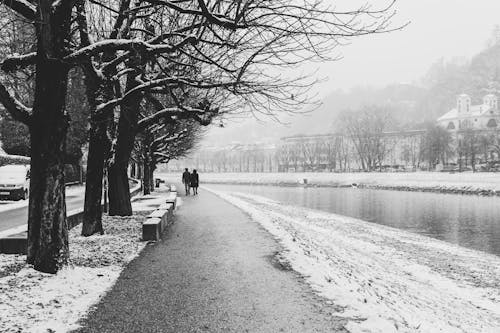Grayscale Photo of a Couple Walking on the Sidewalk during Winter