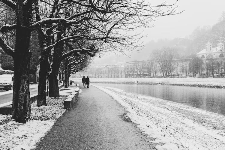 Grayscale Photo Of A Couple Walking On The Sidewalk During Winter