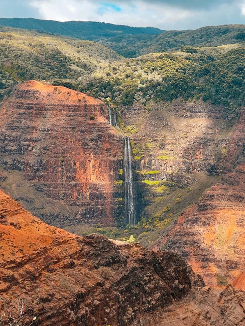 Photo by Allie Breathtaking view of a cascading waterfall amidst the vibrant hues of Waimea Canyon, Kauai, Hawaii.