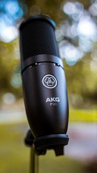 Detailed shot of an AKG P120 condenser microphone against a blurred nature background. Perfect for audio equipment themes.