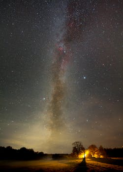 A breathtaking view of the Milky Way galaxy stretching across the night sky over a peaceful countryside landscape.
