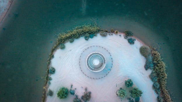 A stunning drone shot of an artificial island with a unique circular pattern in Dubai.