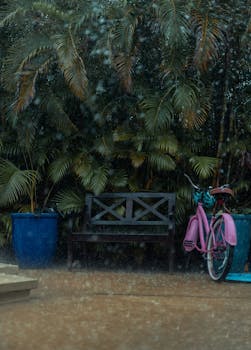 A vibrant pink bicycle leans against a wooden bench in a lush, rain-soaked garden.