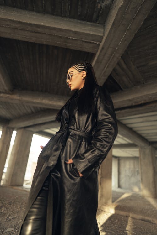 Low-Angle Shot of a Woman Wearing Black Leather Coat