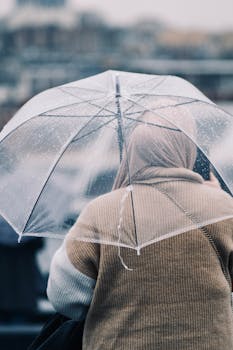 A person stands outdoors in the rain holding a transparent umbrella, viewed from behind.
