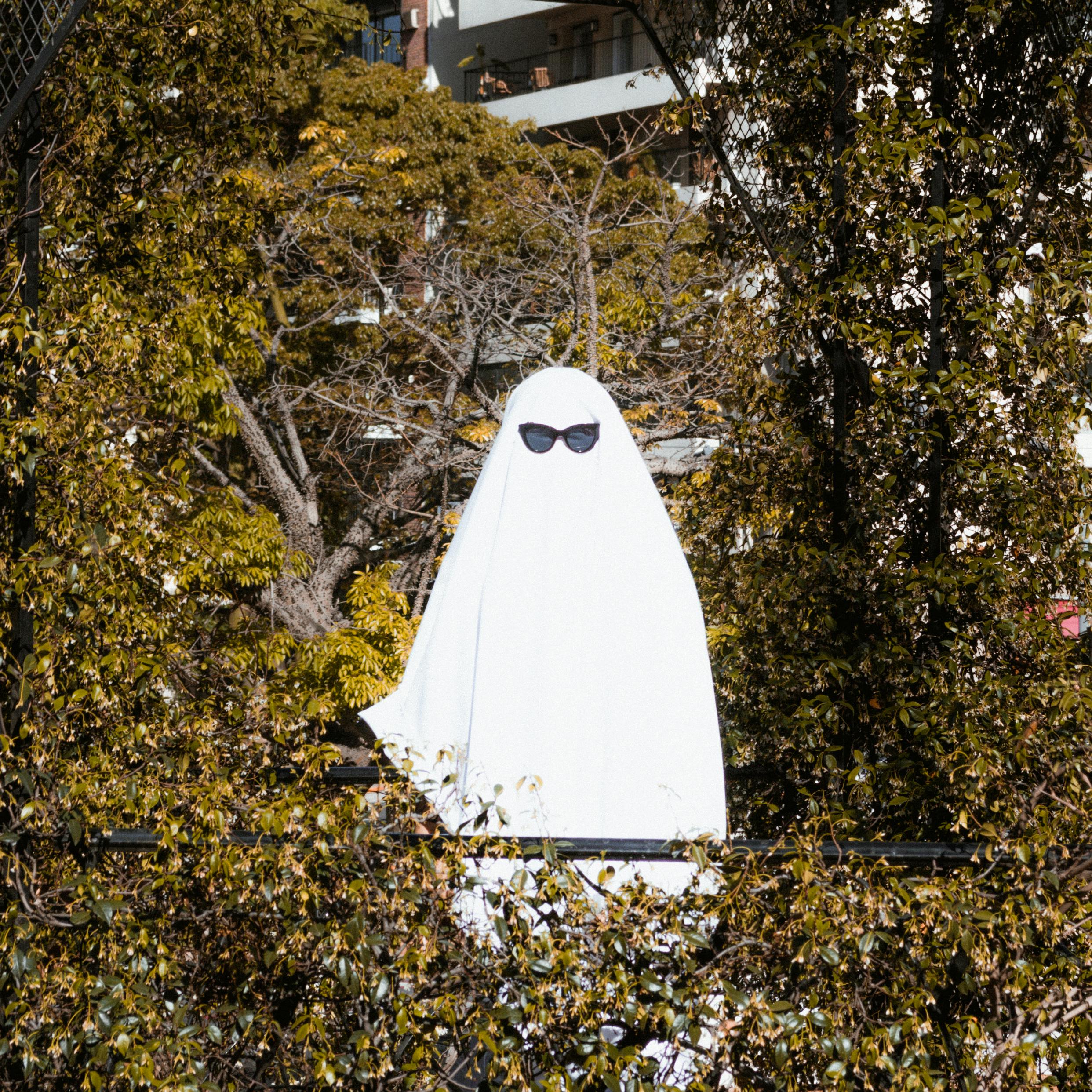 Person in Ghost Costume and Glasses Hiding in Trees
