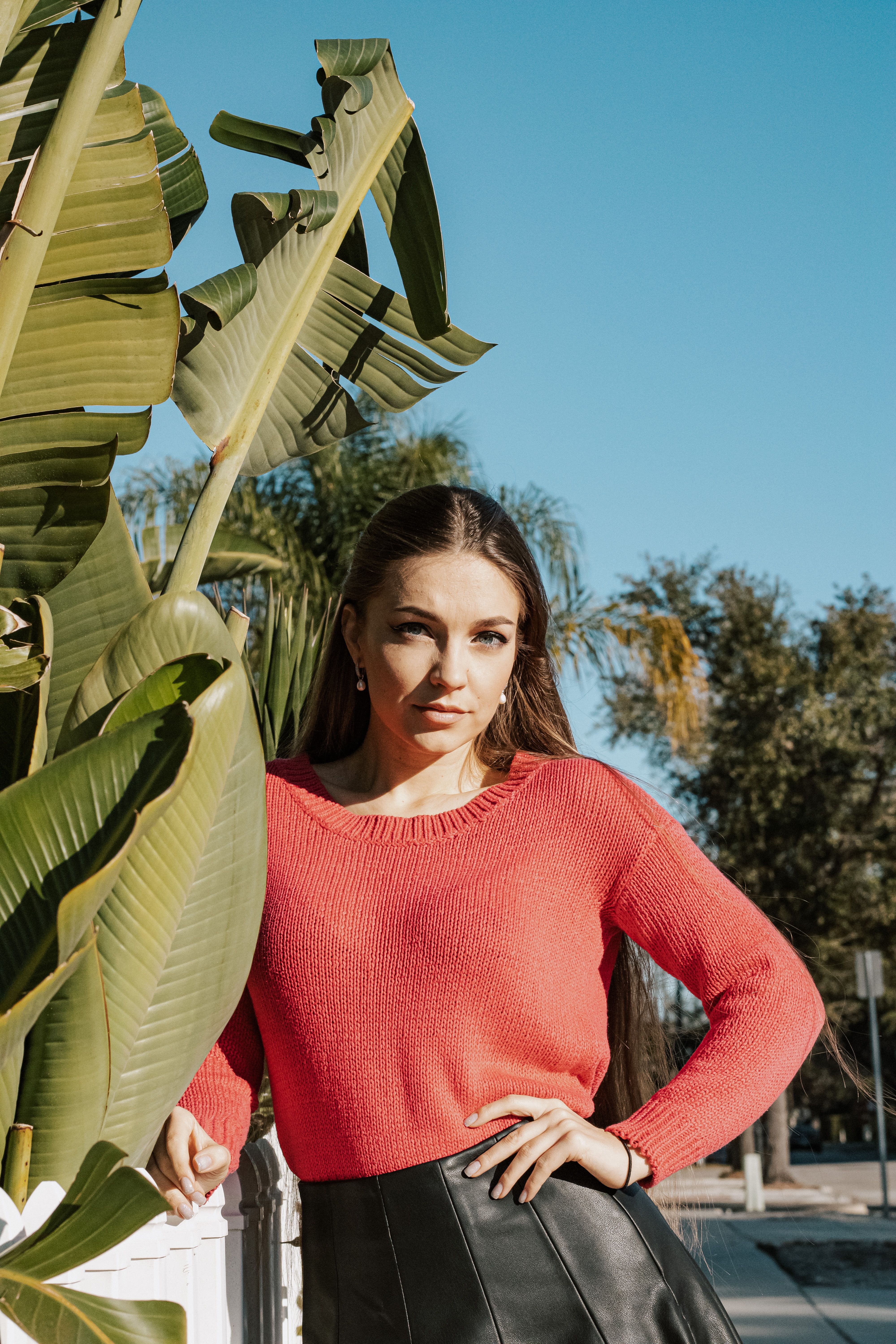Woman Wearing Sweater Standing near Green Leaves · Free Stock Photo