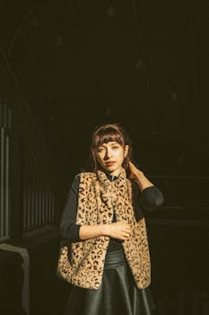 Fashionable woman in leopard print vest posing indoors with dramatic lighting.
