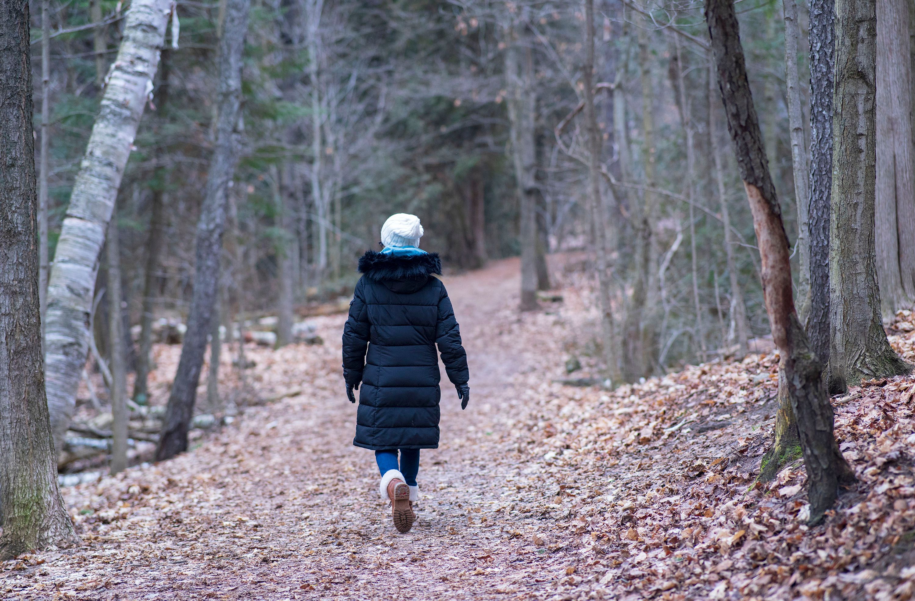 A person in a puffer jacket walks along a peaceful forest pathway in autumn.